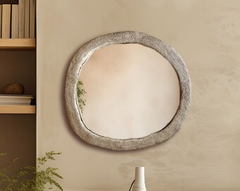 Irregular Concrete Mirror, Round Cement Rock Texture, Large Circular Organic Home Decor, Circle-Shaped Cement Mirror