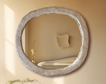 Decorative Concrete Mirror, Round Cement Mirror with Rock Texture, Large Circular Bedroom Mirror