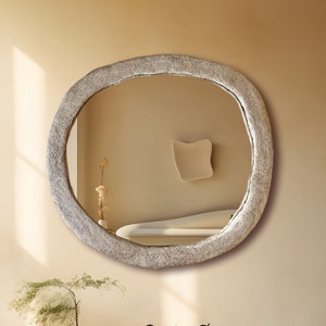 Decorative Concrete Mirror, Round Cement Mirror with Rock Texture, Large Circular Bedroom Mirror image 1