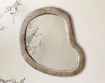 Espejo de hormigón oblongo, espejo moderno de roca de cemento en forma de frijol, decoración de pared orgánica circular e irregular