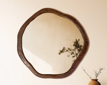 Irregular Modern Mirror, Asymmetrical Roung Wood-Framed Wall Mirror, Large Rustic Mirror