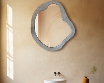 Espejo de baño de lujo, espejo de pared irregular redondo de hormigón, espejos de cemento industriales modernos decorativos para baño