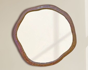 Wavy Mirror, Circular Blob Mirror, Wood-Framed Home Decor, Asymmetrical Rustic Mirror for Your Wall