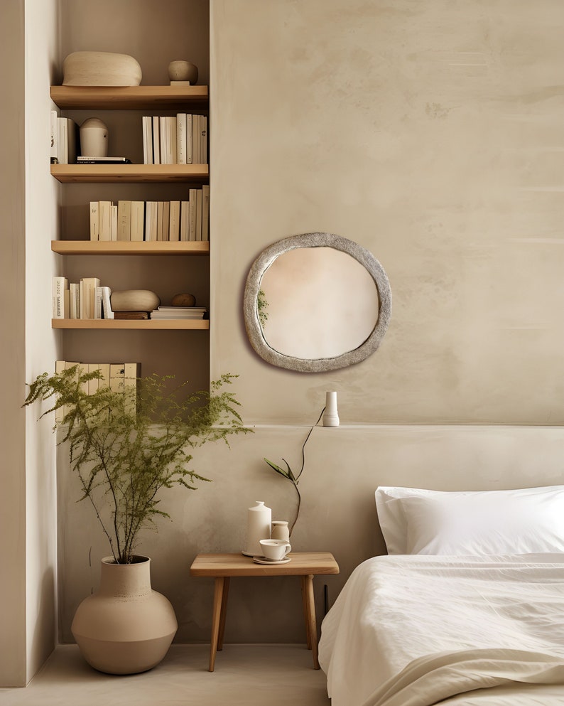 Decorative Concrete Mirror, Round Cement Mirror with Rock Texture, Large Circular Bedroom Mirror image 2