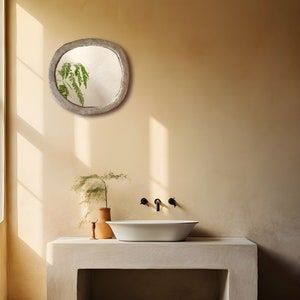 Decorative Concrete Mirror, Round Cement Mirror with Rock Texture, Large Circular Bedroom Mirror image 8