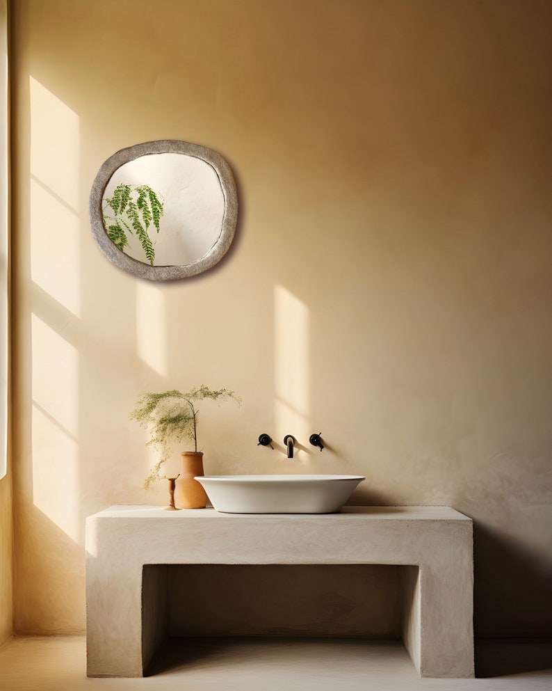 Decorative Concrete Mirror, Round Cement Mirror with Rock Texture, Large Circular Bedroom Mirror image 8