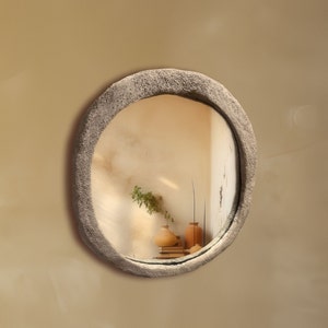 Decorative Concrete Mirror, Round Cement Mirror with Rock Texture, Large Circular Bedroom Mirror image 5