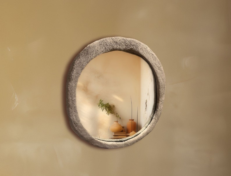 Decorative Concrete Mirror, Round Cement Mirror with Rock Texture, Large Circular Bedroom Mirror image 5