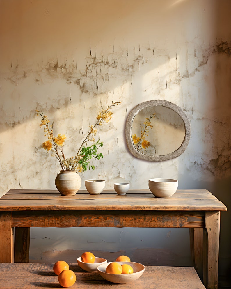 Decorative Concrete Mirror, Round Cement Mirror with Rock Texture, Large Circular Bedroom Mirror image 7