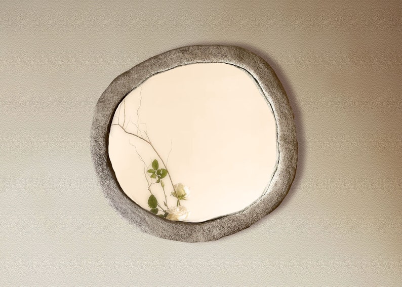 Decorative Concrete Mirror, Round Cement Mirror with Rock Texture, Large Circular Bedroom Mirror image 4