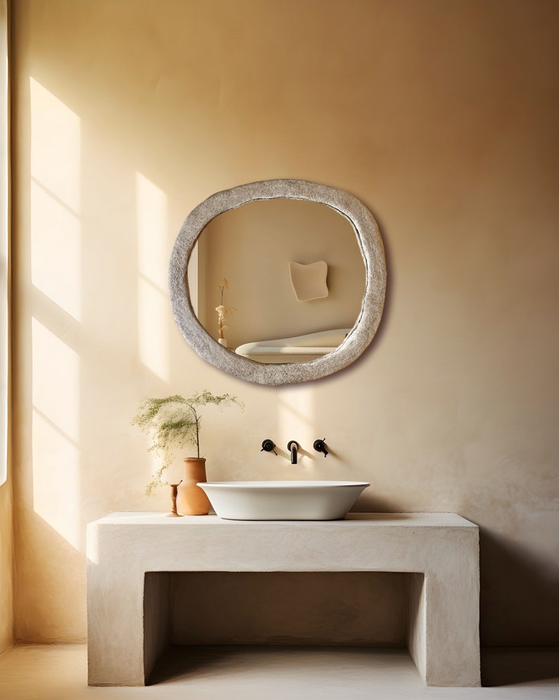 Decorative Concrete Mirror, Round Cement Mirror with Rock Texture, Large Circular Bedroom Mirror image 1