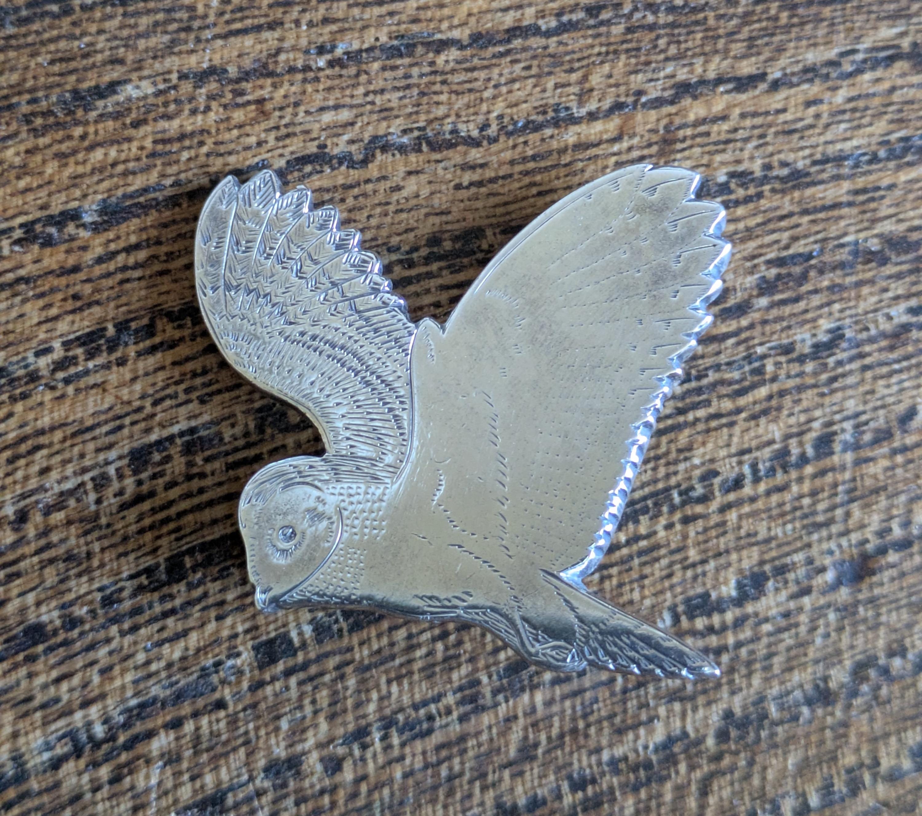 Gorgeous Silver Barn Owl Brooch, London Hallmark 1990