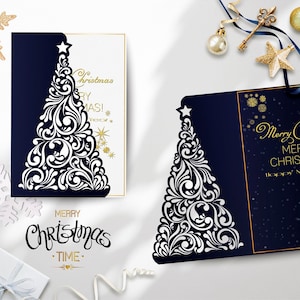 Cartão Laser de Feliz Natal - Cartão Gate Fold - Cartão de Natal svg - Corte a laser SVG - Árvore de Natal - Cartões de Natal Cricut - Arquivos SVG EPS
