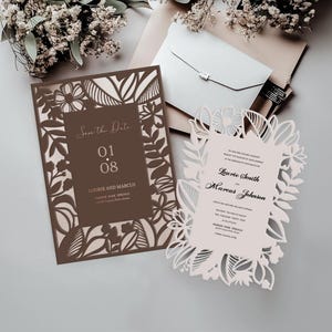 Modèle de carte découpé au laser pour faire-part de mariage floral, 5 x 7 volets, fichier de coupe DXF SVG, camée silhouette, téléchargement numérique Cricut