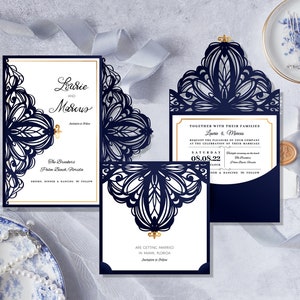 Invitación de boda cortada con láser - Tarjeta plegable de puerta - Cameo de silueta - Invitación SVG- Invitación de boda cortada con láser - Vector - Archivos EPS SVG