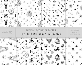 Black&White Magic Wizard School Digital Paper Design, Instant Download, Scrapbook Paper, Seamless Patterns, Printable Paper Set, Magic Party