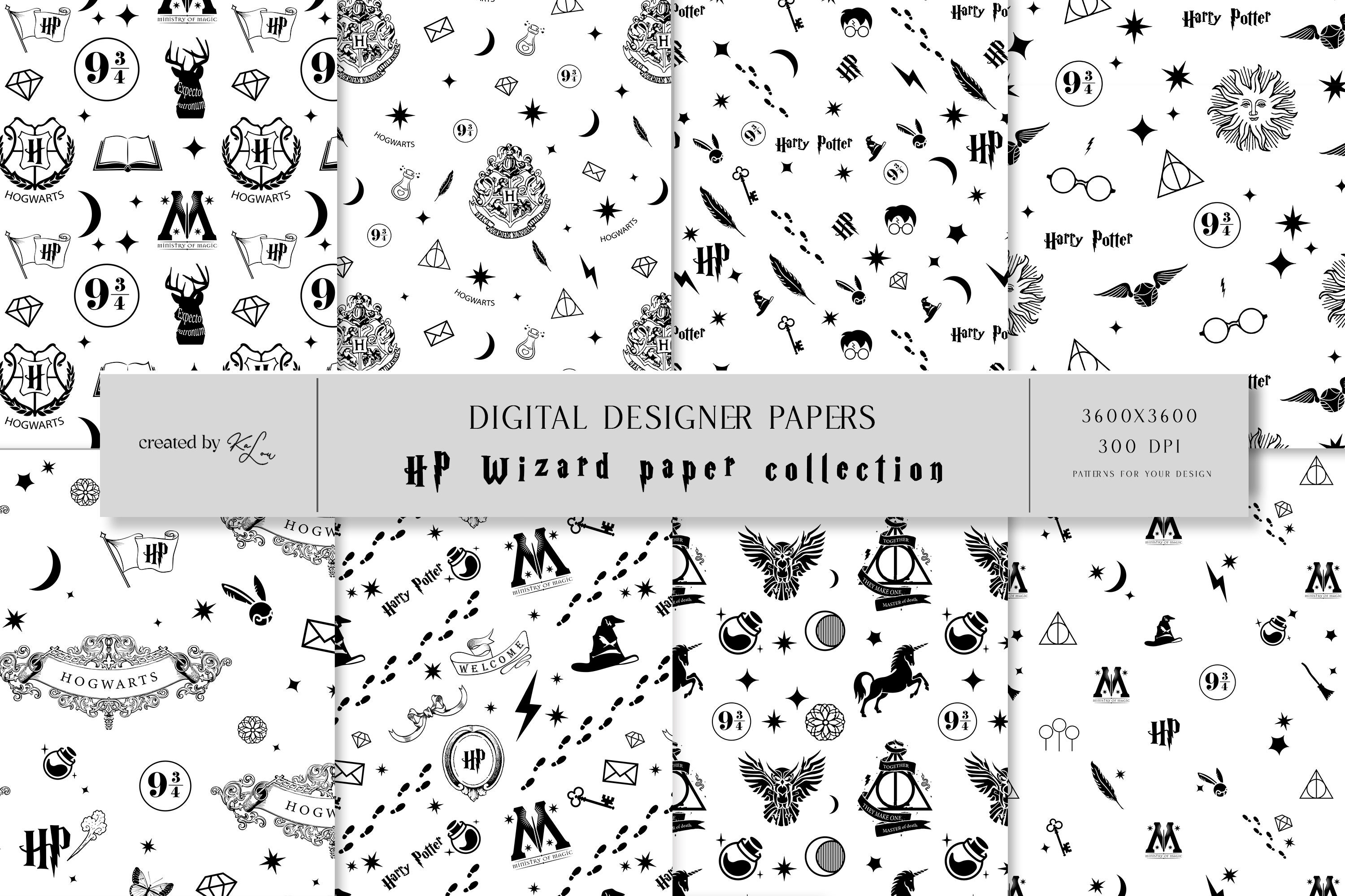 Black&White Magic Wizard School Digital Paper Design, Instant Download, Scrapbook Paper, Seamless Patterns, Printable Paper Set, Magic Party