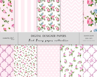Pink Roses Floral Digital Paper: Scrapbook Printable Set (Instant Download)