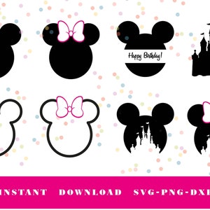 Cabeza de Mickey Mouse SVG, Cabeza de Minnie Mouse SVG, Descarga instantánea para Cricut y Silhouette, archivo de corte digital, Dxf, Png, Svg