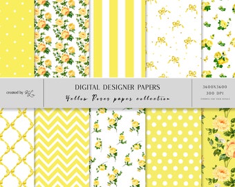 Yellow Floral Digital Paper,  Scrapbook , Rose Pattern, Instant Download, Commercial use