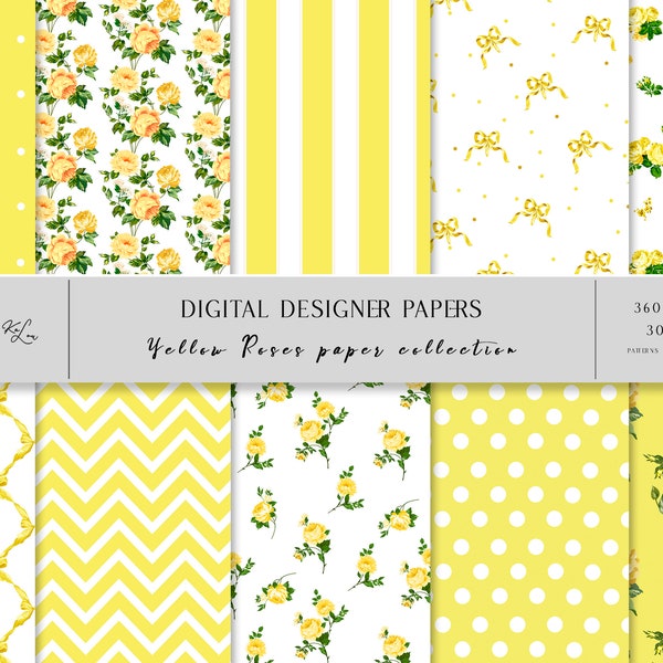 Yellow Floral Digital Paper,  Scrapbook , Rose Pattern, Instant Download, Commercial use