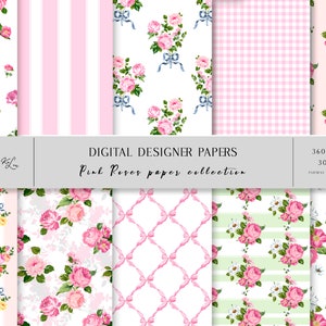 Pink Roses Floral Digital Paper, Scrapbook, Rose Pattern, Instant Download, Commercial use, Seamless Patterns, Printable Paper Set, Wedding