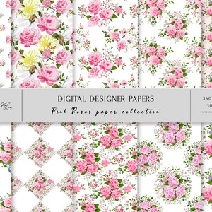 Pink Roses Floral Digital Paper: Scrapbook Printable Set (Digital Download)
