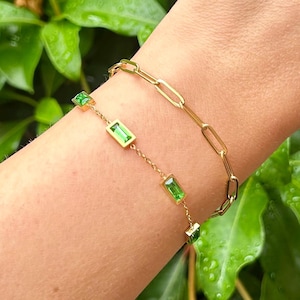 Waterproof Gold Bracelet Set, Tarnish Proof Gold Jewellery, Emerald Bracelet, Gold Paperclip Bracelet, Minimalist Jewellery