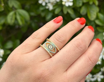 Waterproof Gold Ring, Chunky Gold Ring, Evil Eye Ring, Statement Ring, Adjustable Ring