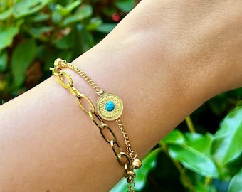 Waterproof Bracelet with Turquoise, Tarnish - Proof Gold Chain Bracelet, Boho Jewelry, Hippie Style
