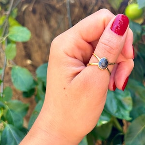 May include: A gold ring with a dark grey stone is worn on a finger. The ring features a distinctive design with two bands crossing over the finger. The background shows green leaves and a glimpse of a red nail.