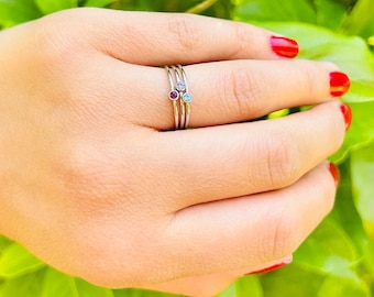 Set di 3 anelli impilabili in argento, anelli con pietra portafortuna, anello minimalista, anelli impilabili in argento, fascia ad anello in argento, anello delicato, fascia ad anello sottile