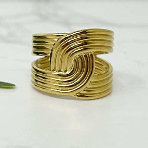 Waterproof Gold Wave Ring, Gold Statement Ring, Tarnish Proof Adjustable Ring