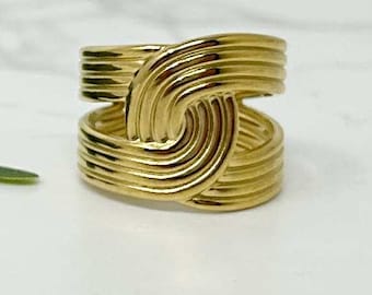 Waterproof Gold Wave Ring, Gold Statement Ring, Tarnish Proof Adjustable Ring