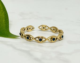 Gold Evil Eye Adjustable Ring, Waterproof Non Tarnish Ring, Stacking Ring, Minimalist