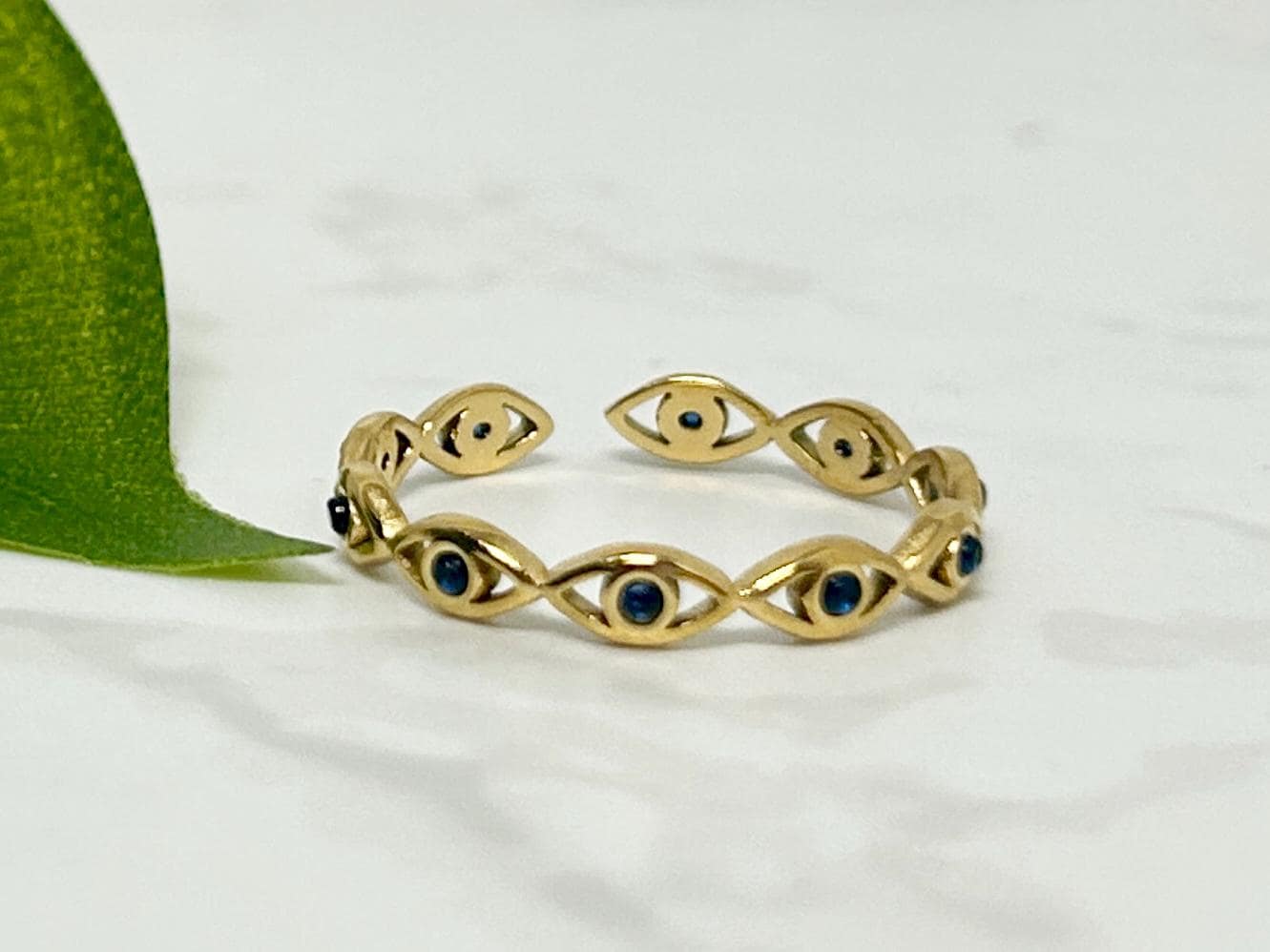 Gold Evil Eye Adjustable Ring, Waterproof Non Tarnish Ring, Stacking Ring, Minimalist
