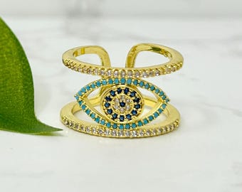 Waterproof Gold Ring, Chunky Gold Ring, Evil Eye Ring, Statement Ring, Adjustable Ring