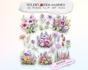 Wildflower Garden 20 Piece Transparent Clip Art | Free - 17x17 inch Prints | 458 dpi | 4x4 inch | Peaceful Floral Wall Art for Home or Craft