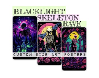 Three Skeleton Art Poster Set | Trippy Neon Vibrant Illustration | Abstract Spooky Halloween Blacklight Rave Design | Unique Trending Decor