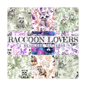 VENTE - Lot de 13 pièces à motifs répétés sans couture | Pour l'artisanat, les autocollants, personnaliser le scrapbooking, les amoureux des animaux, le raton laveur aquarelle coloré