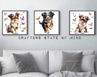 Set of 3 Australian Shepherd Puppies with Butterfly Wall Art | 12x12 Digital Print Scale down to any size | Colorful Aussie Dog Artwork Gift