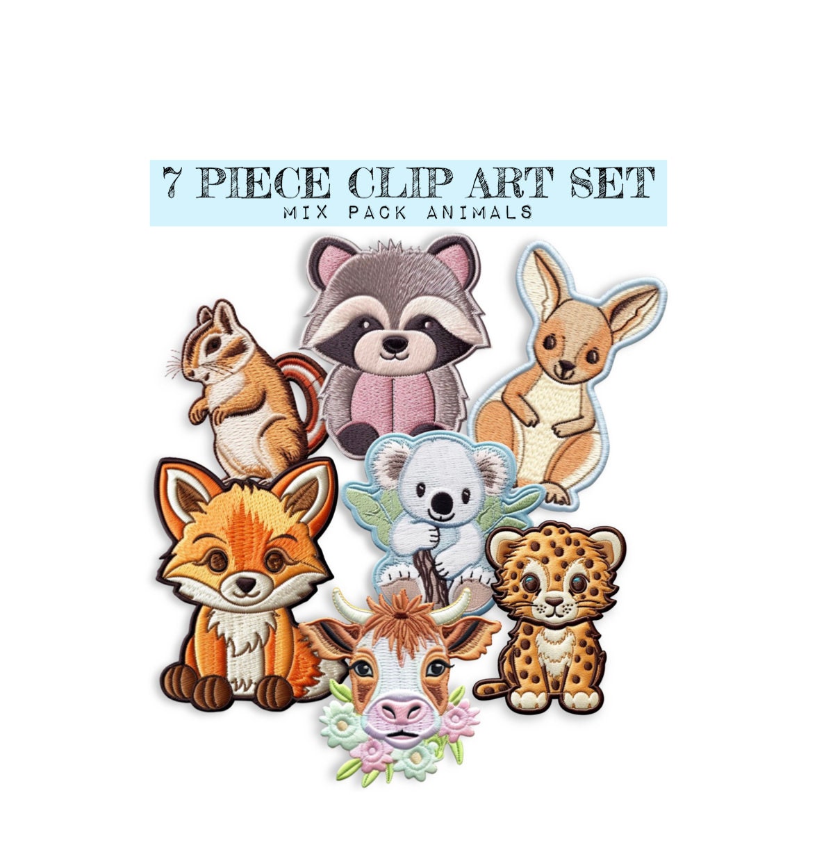 Embroidery Style Clip Art Patches | Transparent Image | Craft Cute Animal | Art Project Picture | Embroidered Art | Digital Print | Woodland