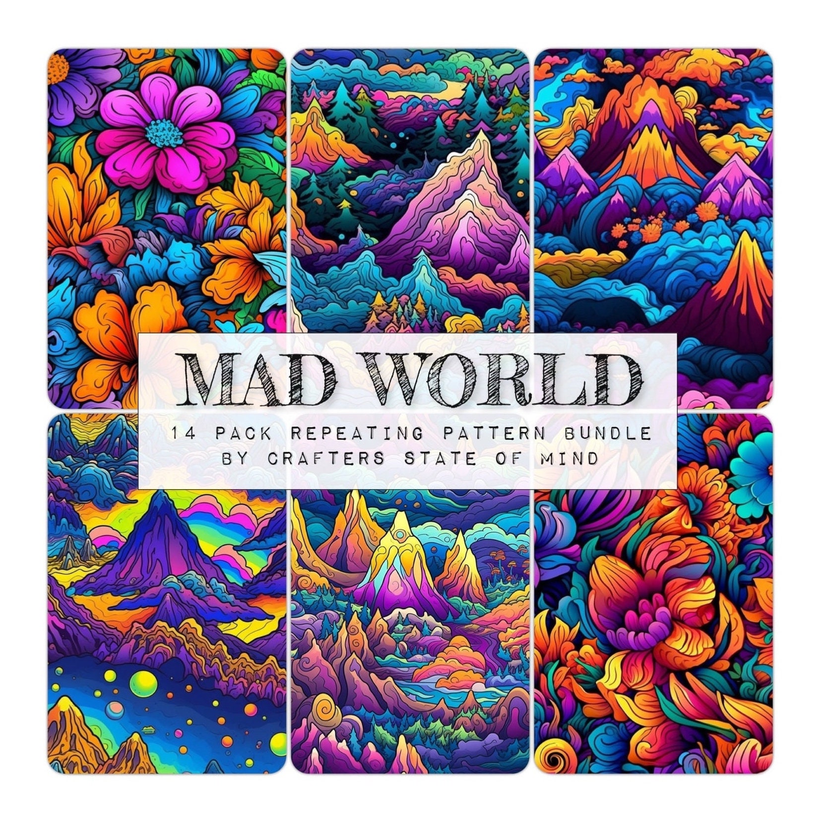 Mad Pattern Designs MAD WORLD Bundle // Repeating Pattern for Crafts * Psychedelic Mountain ...