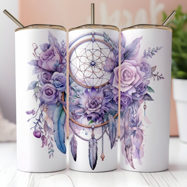 Dreamcatcher Floral Watercolor Tumbler Design, 20oz Tumblerdesigns, Digital Download, Purpleflowers PNG Sublime, Colorful Flowered Tumbler