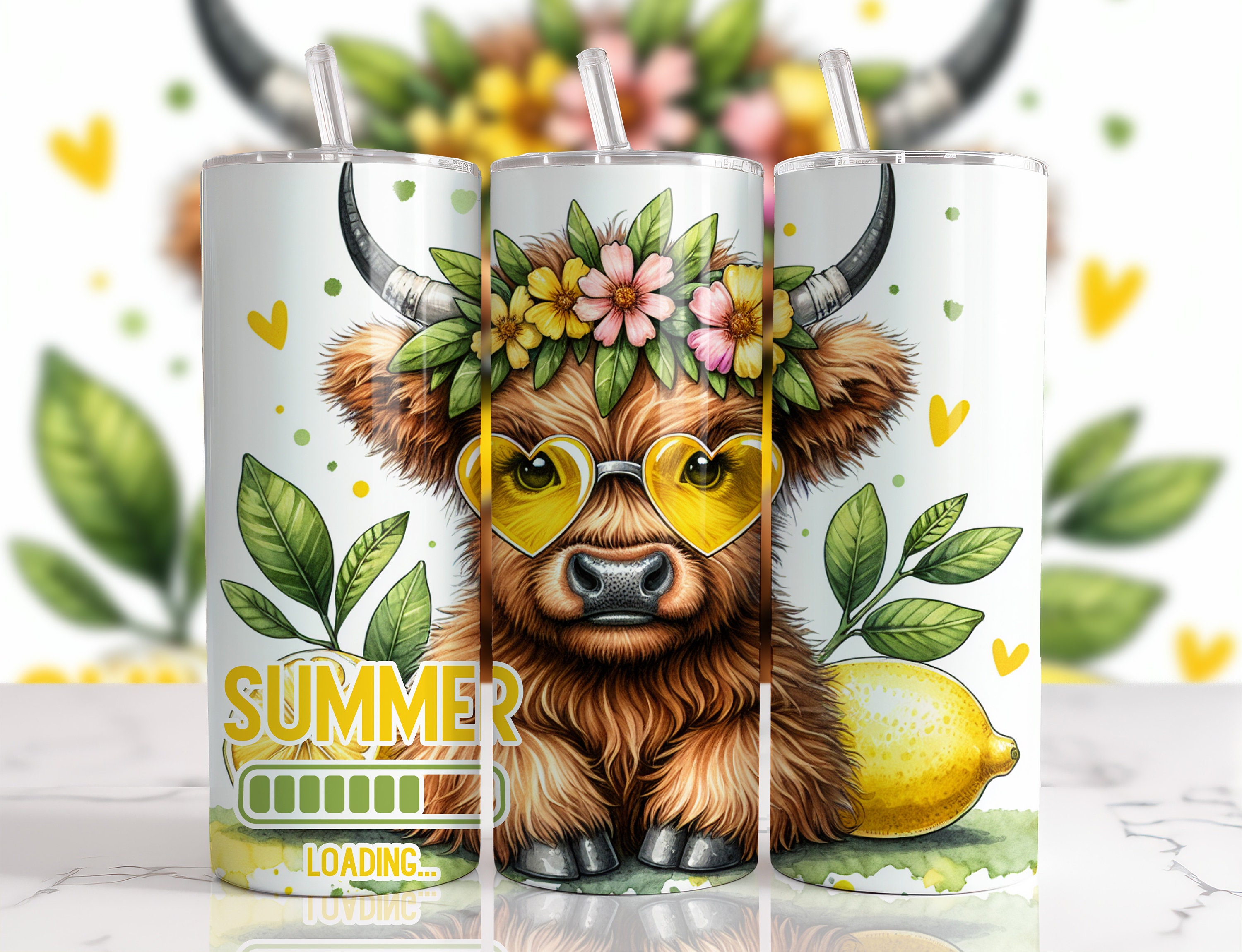 Cute Summer Fruits Tropical Highland Cow Tumbler Wrap 20oz Skinny Lemon ...