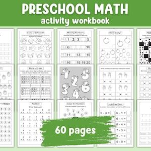 Preschool Math Activity Workbook | 60 Printable Activity | Interactive Worksheets | Preschool Curriculum | Number Tracing | Creative Games