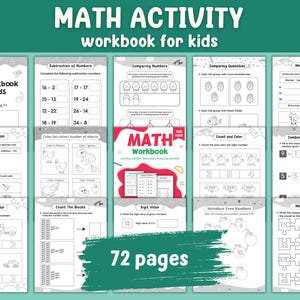 Math Activity Workbook for Kids | 72 Printable Activity | Workbook with Worksheets | Workbook Pages Printable | Homeschool Busy Book