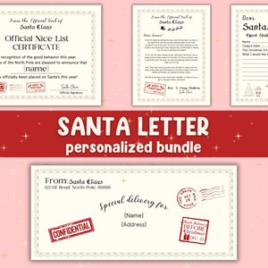 Paquete personalizado de cartas de Papá Noel / Carta para Papá Noel / Carta de Papá Noel / Certificado oficial de la lista de buenos / Diseño de sobre especial de Papá Noel
