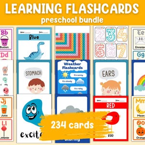 Pacote de Flashcards de Aprendizagem Pré-Escolar | 234 Cartões PDF | Alfabeto | Corpo Humano | Animais | Cores | Contagem | Sentimentos | Frutas | Números