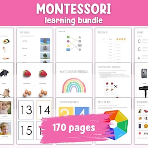Pack d'apprentissage Montessori | 170 pages PDF | Ajout de base | Traçage de l'alphabet | Fiches de vocabulaire | Jeux d'association | Programme préscolaire